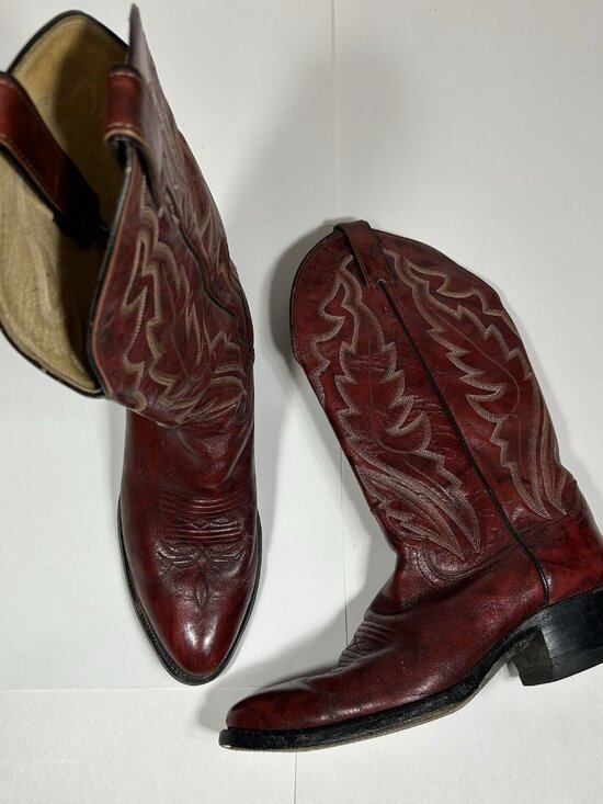 VTG JUSTIN BURGUNDY RED LEATHER ROUND TOE COWBOY BOOTS #j 6728 MEN SZ 8.5 D USA